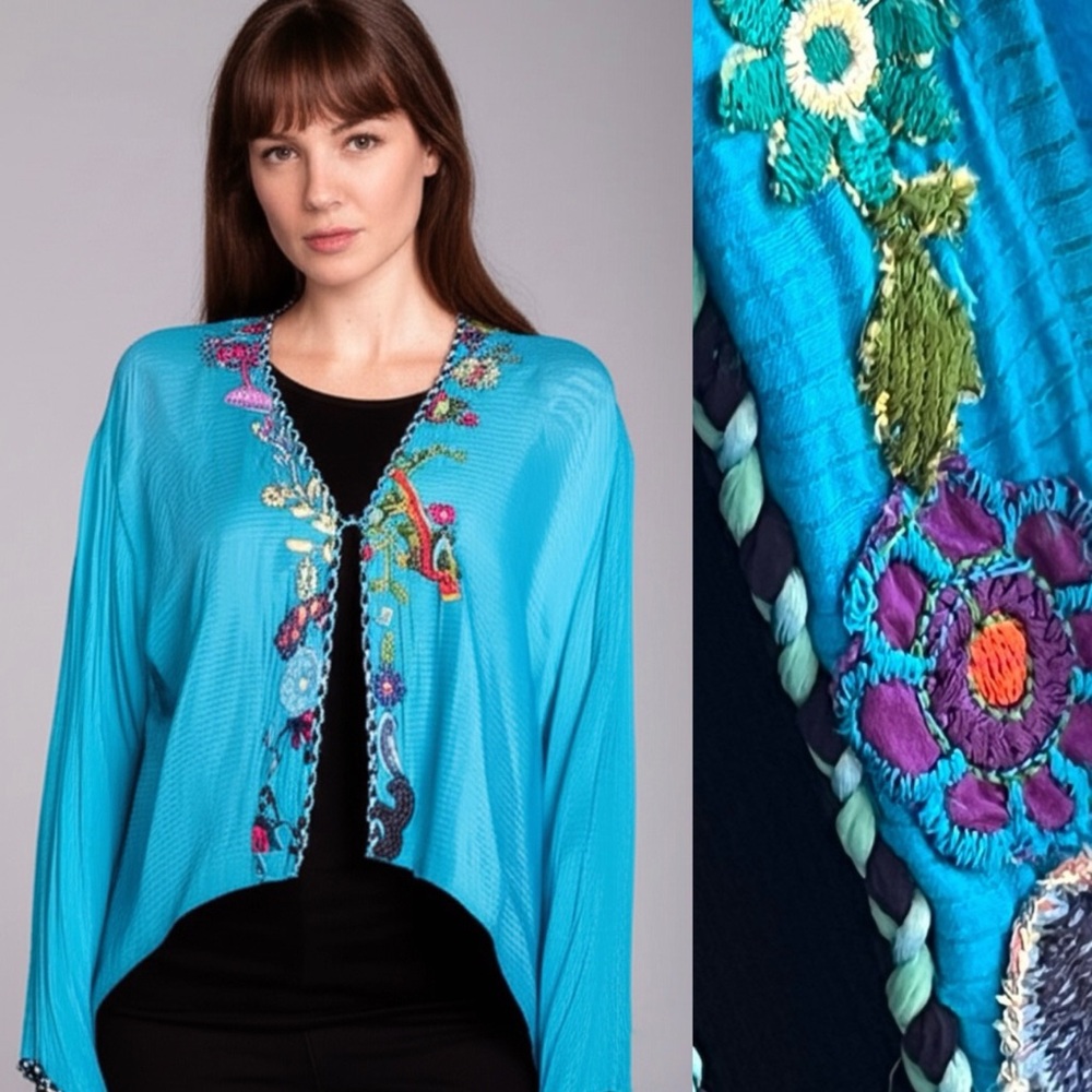 Paul Ropp Silk Floral Embroidered Topper Ocean Blue Cover Up Open Top Size 4
